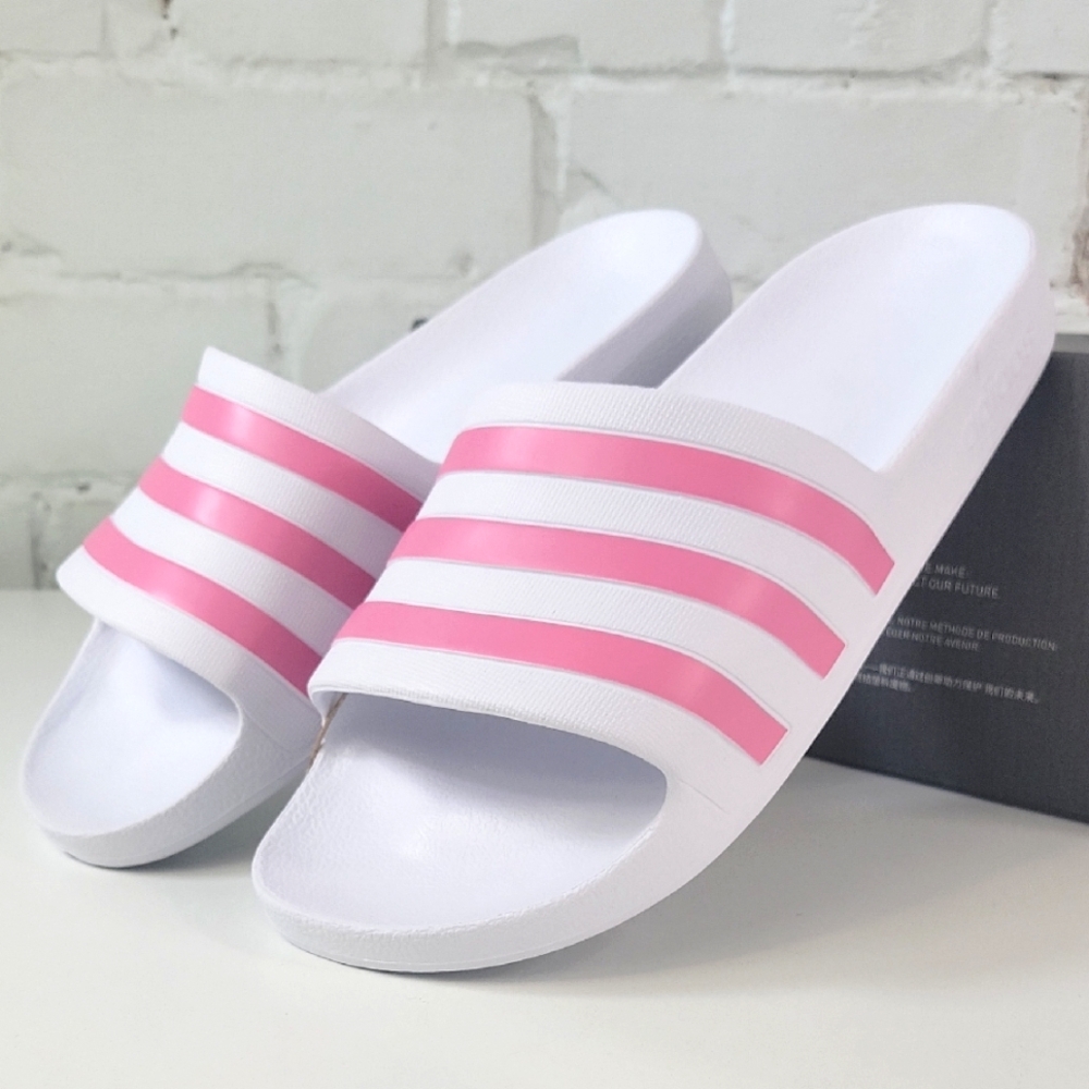 Adidas Women's Adilette Aqua White and Pink Slide Sandals 9 GZ5237